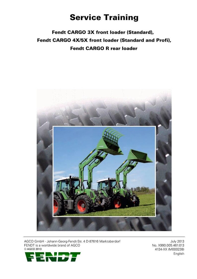 May include: Image of a service training document for Fendt CARGO front and rear loaders. The image features two green tractors with front loaders in a field. The document includes the Fendt logo and text.