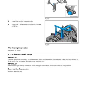 May include: Diagram of automotive maintenance procedure. Includes illustrations of suction line assembly and oil pump removal. Text instructions detail steps for inspection, installation, and tightening fasteners to a torque of 79 Nm.