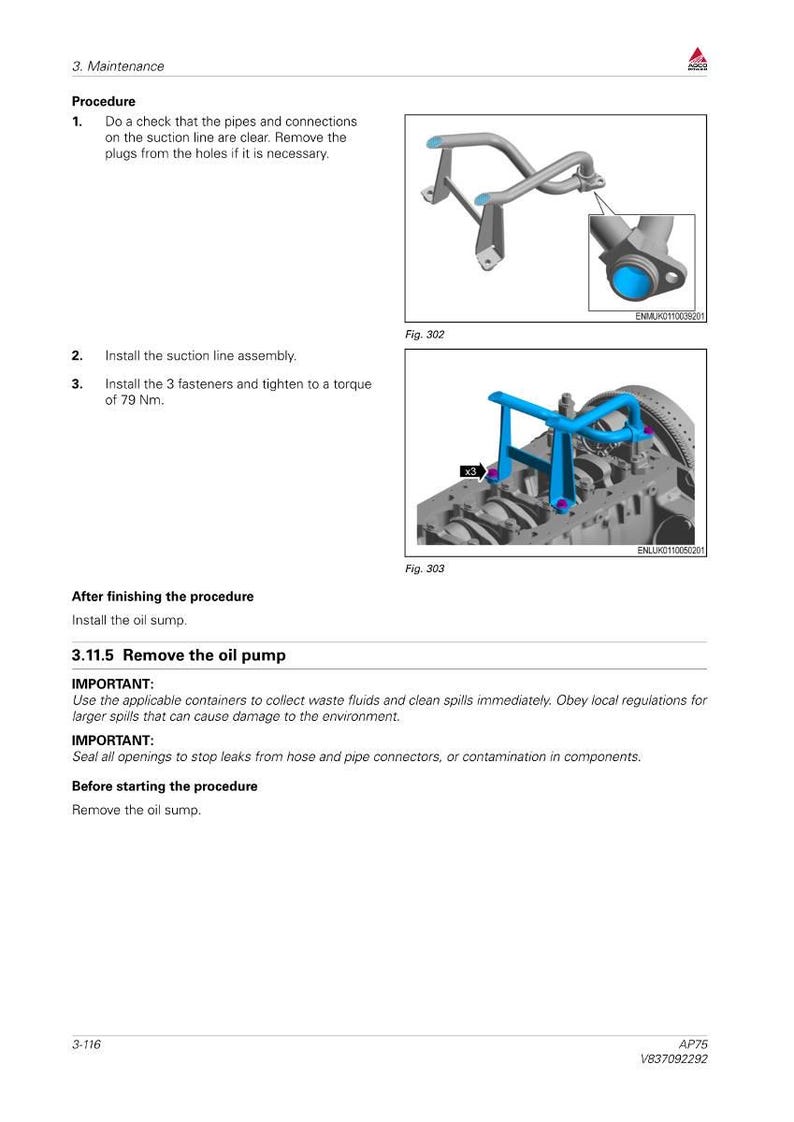 May include: Diagram of automotive maintenance procedure. Includes illustrations of suction line assembly and oil pump removal. Text instructions detail steps for inspection, installation, and tightening fasteners to a torque of 79 Nm.