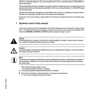 May include: A service manual page with the title "Introduction" and "Symbols used in this manual." The document includes safety symbols for danger, caution, and note, along with explanations. The manual is for LIEBHERR hydraulic excavators.