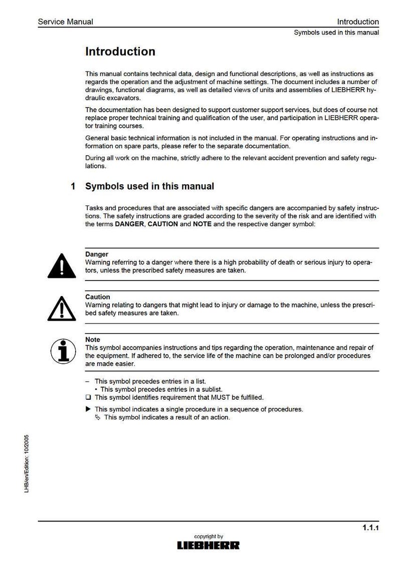 May include: A service manual page with the title "Introduction" and "Symbols used in this manual." The document includes safety symbols for danger, caution, and note, along with explanations. The manual is for LIEBHERR hydraulic excavators.