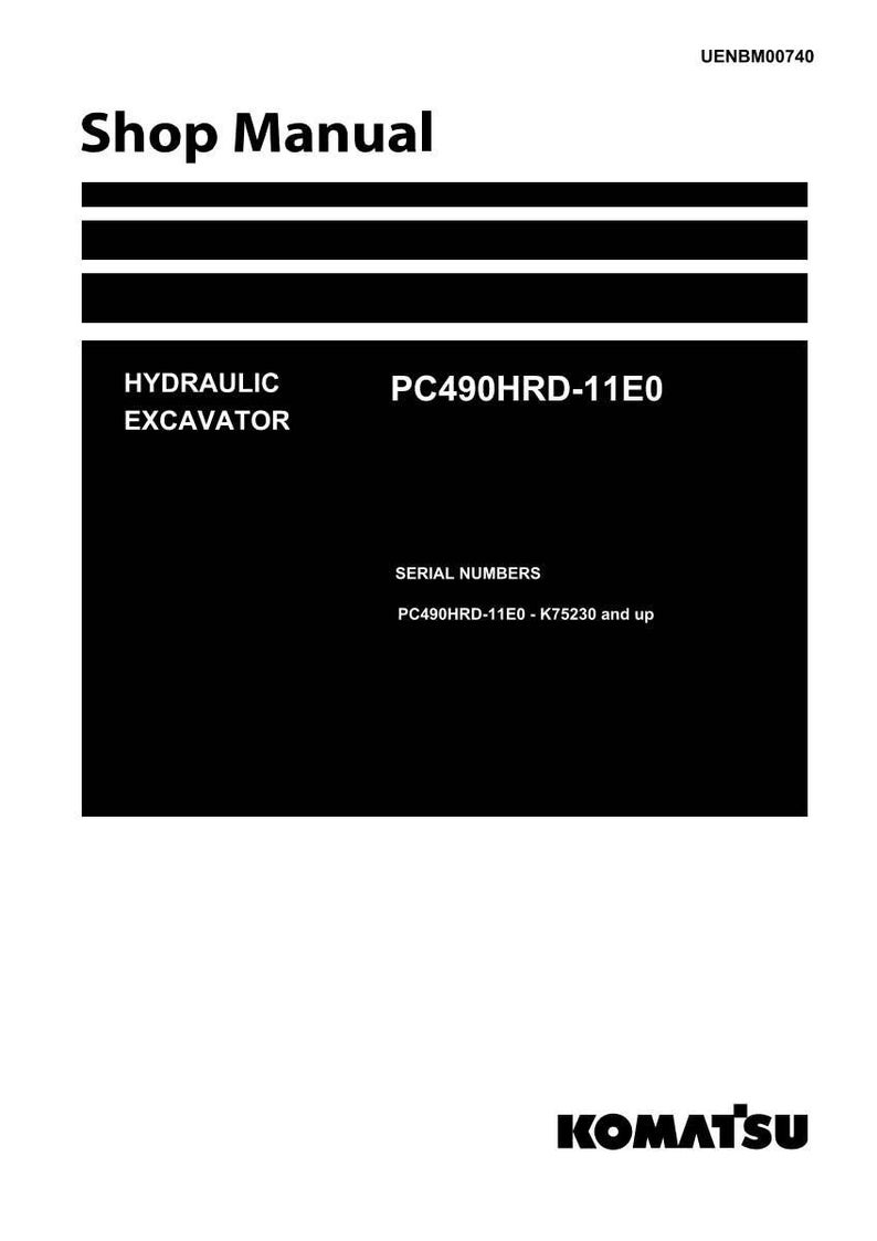May include: A shop manual with the title "Shop Manual" at the top. The manual includes the text "HYDRAULIC EXCAVATOR" and "PC490HRD-11E0". The serial numbers are listed as PC490HRD-11E0 - K75230 and up. The Komatsu logo is at the bottom.