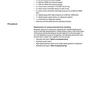 May include: A page from a system manual with the title "E Introduction". The text lists required tools and screw connections, including pressure gauges, screw connections, and a diesel engine speed sensor. Also lists replacement of components and warranty handling.