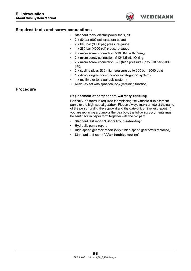 May include: A page from a system manual with the title "E Introduction". The text lists required tools and screw connections, including pressure gauges, screw connections, and a diesel engine speed sensor. Also lists replacement of components and warranty handling.