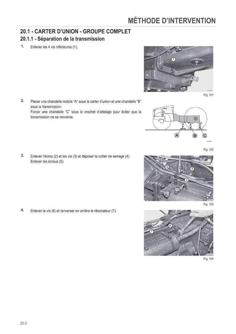 May include: Technical manual page with diagrams and instructions for separating a transmission. Includes illustrations of mechanical components, labeled with numbers and letters, and step-by-step procedures. The text is in French.