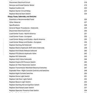 May include: A page from a manual detailing the starting circuit and related components. The text includes sections on relays, fuses, solenoids, and switches, with page numbers listed on the right side.