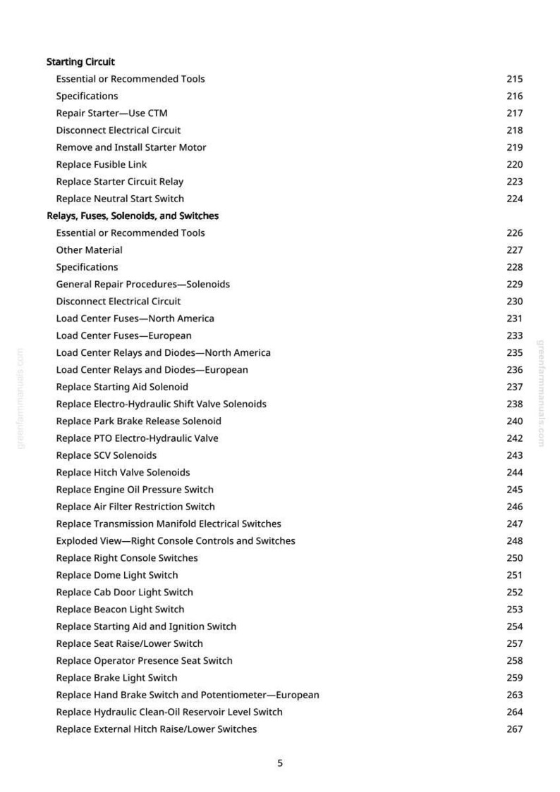 May include: A page from a manual detailing the starting circuit and related components. The text includes sections on relays, fuses, solenoids, and switches, with page numbers listed on the right side.