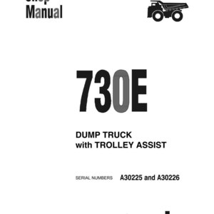 Pode incluir: Uma capa branca de manual de oficina com o texto "Shop Manual" no canto superior esquerdo. O texto "730E" &eacute; exibido em destaque, com "DUMP TRUCK with TROLLEY ASSIST" abaixo. O logotipo da Komatsu est&aacute; na parte inferior.