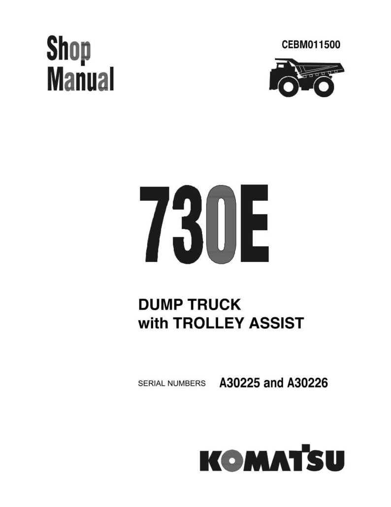 Pode incluir: Uma capa branca de manual de oficina com o texto "Shop Manual" no canto superior esquerdo. O texto "730E" &eacute; exibido em destaque, com "DUMP TRUCK with TROLLEY ASSIST" abaixo. O logotipo da Komatsu est&aacute; na parte inferior.