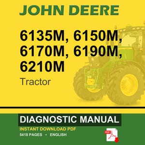 May include: A digital diagnostic manual for John Deere tractors. The image features a green tractor on a yellow background with the text "JOHN DEERE" and tractor model numbers. The bottom section displays "DIAGNOSTIC MANUAL" and "INSTANT DOWNLOAD PDF".