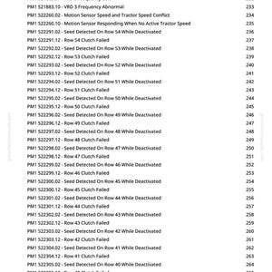 Puede incluir: Una p&aacute;gina impresa con una lista de c&oacute;digos de error y descripciones, incluyendo "VRD 1 Frequency Abnormal" y "Motion Sensor Speed and Tractor Speed Conflict". La p&aacute;gina tambi&eacute;n incluye n&uacute;meros de p&aacute;gina.