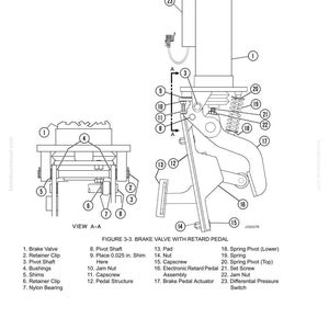 Pode incluir: Um diagrama de engenharia de uma v&aacute;lvula de freio com um pedal de retardo, rotulado com pe&ccedil;as numeradas. O diagrama inclui uma vista A-A e o texto "FIGURE 3-3. BRAKE VALVE WITH RETARD PEDAL".