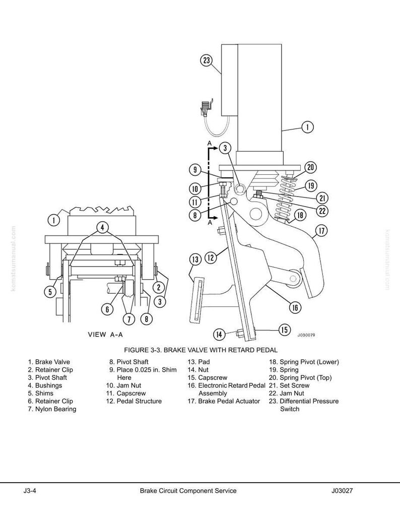 Pode incluir: Um diagrama de engenharia de uma v&aacute;lvula de freio com um pedal de retardo, rotulado com pe&ccedil;as numeradas. O diagrama inclui uma vista A-A e o texto "FIGURE 3-3. BRAKE VALVE WITH RETARD PEDAL".