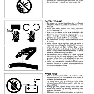 Puede incluir: Una hoja de instrucciones de seguridad con ilustraciones y texto en blanco y negro. La hoja cubre temas como el arranque seguro, el trabajo seguro y la prevenci&oacute;n de incendios. Incluye advertencias sobre el mantenimiento del motor y el manejo de combustible.