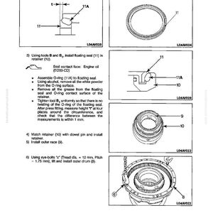 May include: Diagram showing brake assembly disassembly and assembly instructions. Includes illustrations of floating seals, retainers, and outer races. Text includes measurements in millimetres and tool usage.