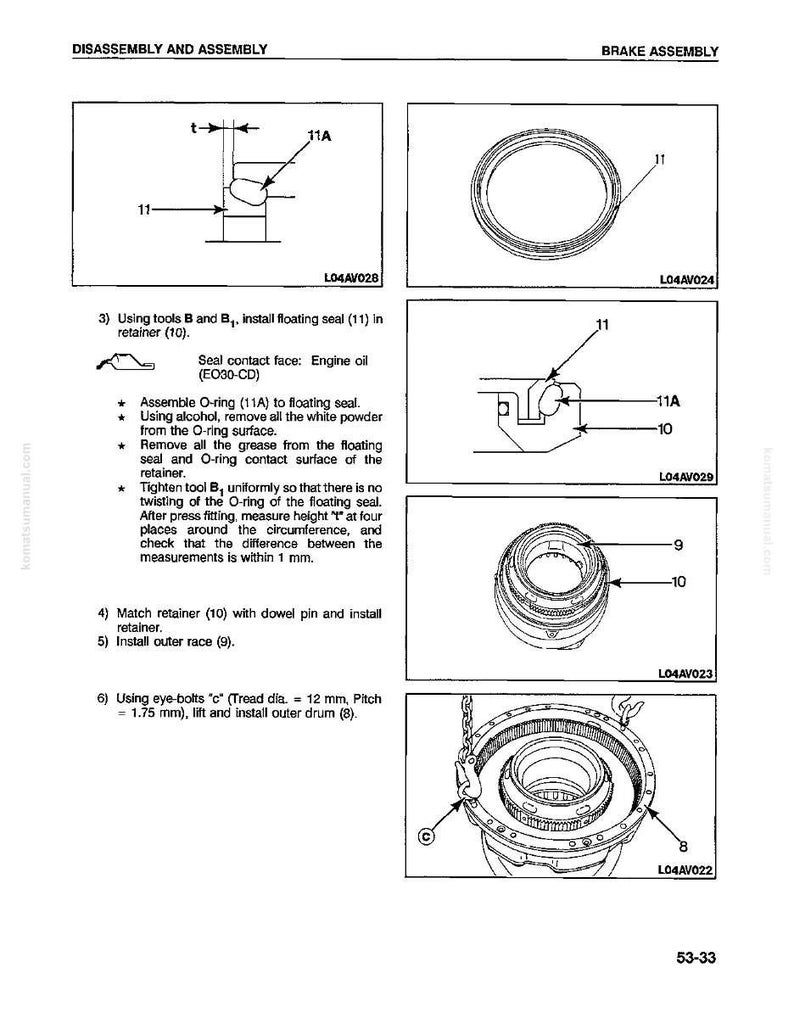 May include: Diagram showing brake assembly disassembly and assembly instructions. Includes illustrations of floating seals, retainers, and outer races. Text includes measurements in millimetres and tool usage.