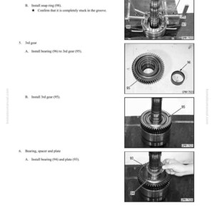 May include: A page from a manual detailing the disassembly and assembly of a power train. The images show various mechanical components, including gears, bearings, and plates, with labels and instructions. The text includes steps for installing parts.
