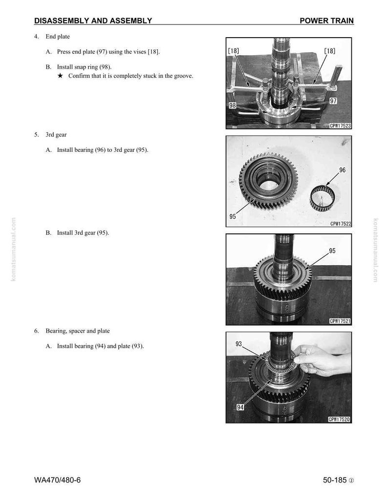 May include: A page from a manual detailing the disassembly and assembly of a power train. The images show various mechanical components, including gears, bearings, and plates, with labels and instructions. The text includes steps for installing parts.