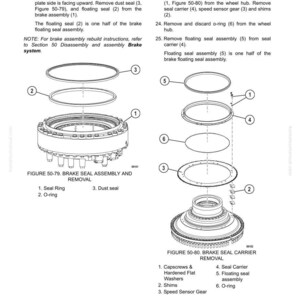 May include: Diagram of brake assembly components, including seal rings, O-rings, dust seals, and a seal carrier. Text labels identify parts for disassembly and removal, with figures 50-79 and 50-80 illustrating the process.