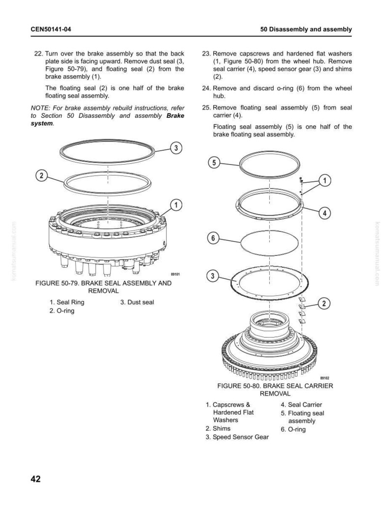 May include: Diagram of brake assembly components, including seal rings, O-rings, dust seals, and a seal carrier. Text labels identify parts for disassembly and removal, with figures 50-79 and 50-80 illustrating the process.