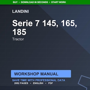 K&ouml;nnte beinhalten: Digitales Werkstatthandbuch f&uuml;r Landini Traktoren der Serie 7, Modelle 145, 165 und 185. Das Bild zeigt den Text "Serie 7 145, 165, 185 Tractor" in Wei&szlig; auf dunklem Blau. Das Handbuch umfasst 2052 Seiten.