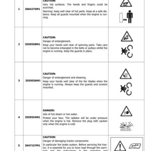 May include: A page from a manual with safety warnings. The warnings include symbols and text about hot surfaces, entanglement, shearing, hot steam, and damaging tractor components. The manual is dated 11-2020.