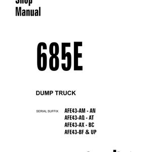 K&ouml;nnte beinhalten: Ein wei&szlig;es Shop-Manual-Cover mit dem Text "Shop Manual" oben und "685E" in gro&szlig;er, fetter, schwarzer Schrift. Darunter ist "DUMP TRUCK" gedruckt. Das Komatsu-Logo befindet sich unten.