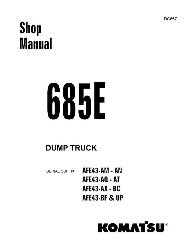 K&ouml;nnte beinhalten: Ein wei&szlig;es Shop-Manual-Cover mit dem Text "Shop Manual" oben und "685E" in gro&szlig;er, fetter, schwarzer Schrift. Darunter ist "DUMP TRUCK" gedruckt. Das Komatsu-Logo befindet sich unten.