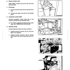 May include: Diagram of engine disassembly and assembly instructions. Includes illustrations of fuel hoses, accelerator control cable, and electrical wiring connections. Text includes instructions for connecting various components.