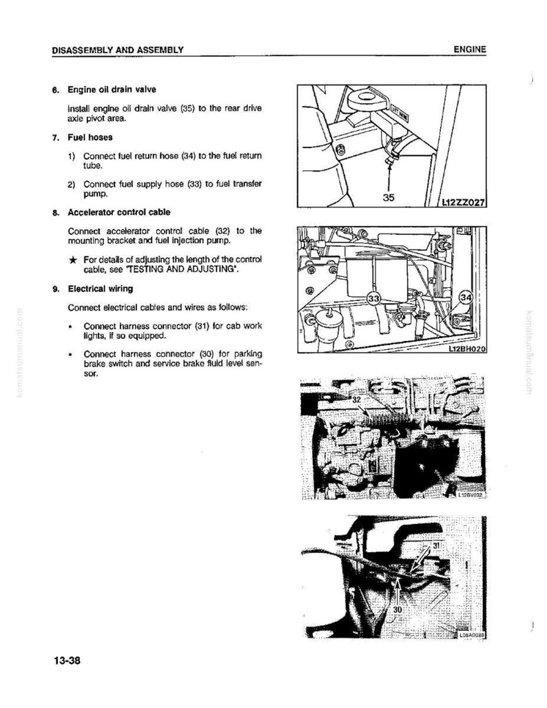 May include: Diagram of engine disassembly and assembly instructions. Includes illustrations of fuel hoses, accelerator control cable, and electrical wiring connections. Text includes instructions for connecting various components.