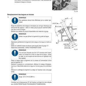 May include: Diagram of engine components with measurements in inches and millimeters. Text in French details procedures for replacing bronze rings, including steps for machining, cleaning, and applying sealant. Includes warnings and technical specifications.