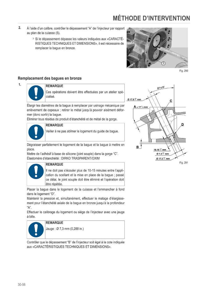 May include: Diagram of engine components with measurements in inches and millimeters. Text in French details procedures for replacing bronze rings, including steps for machining, cleaning, and applying sealant. Includes warnings and technical specifications.