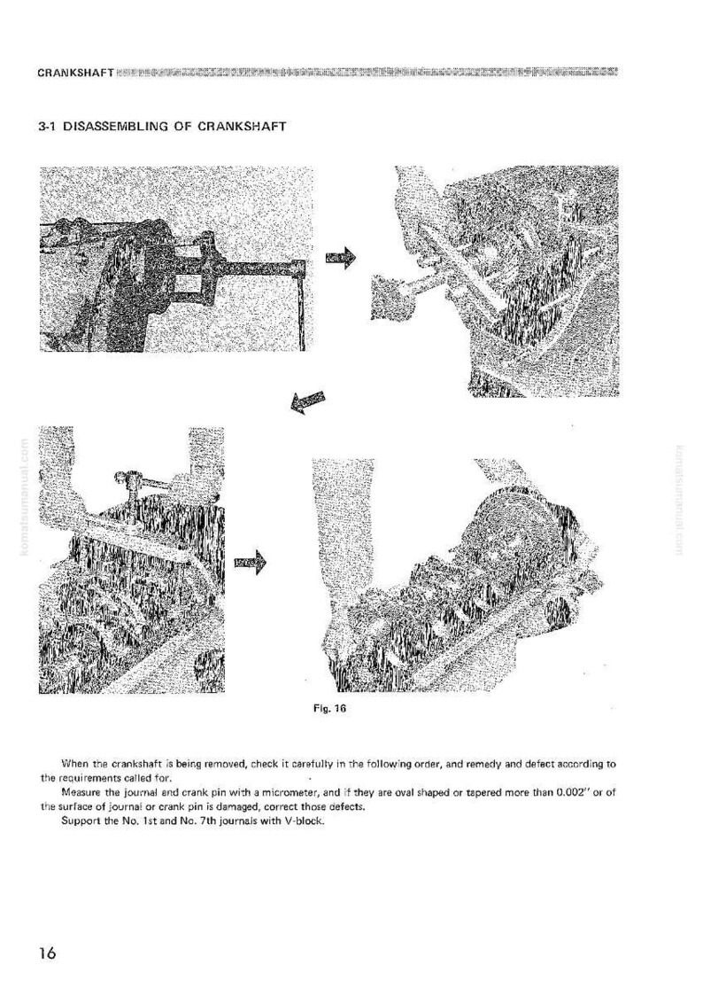 May include: Diagram illustrating the disassembly of a crankshaft, with arrows indicating steps. Text includes "CRANKSHAFT" and "3-1 DISASSEMBLING OF CRANKSHAFT." The image is from a manual, with instructions and measurements.