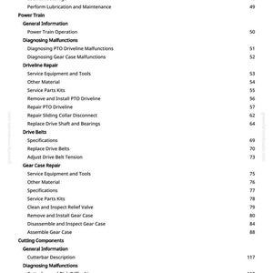 May include: A page from a manual with a table of contents. The topics include Cutterbar and Gear Case Oil, Power Train, Driveline Repair, Drive Belts, Gear Case Repair, and Cutting Components. Page numbers are listed on the right.