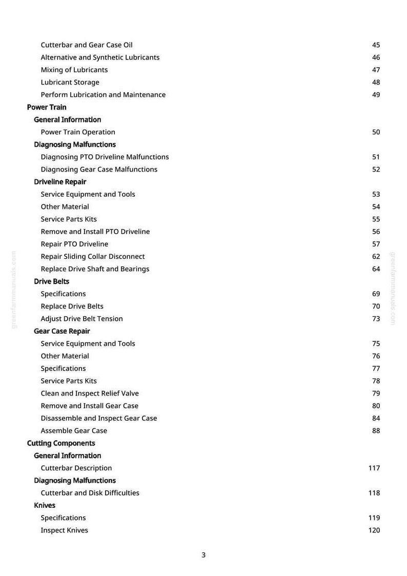 May include: A page from a manual with a table of contents. The topics include Cutterbar and Gear Case Oil, Power Train, Driveline Repair, Drive Belts, Gear Case Repair, and Cutting Components. Page numbers are listed on the right.
