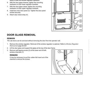 May include: Technical diagram illustrating door glass removal, with numbered components and instructions. Text details steps like connecting harnesses, tightening hardware, and removing screws. A detailed illustration.