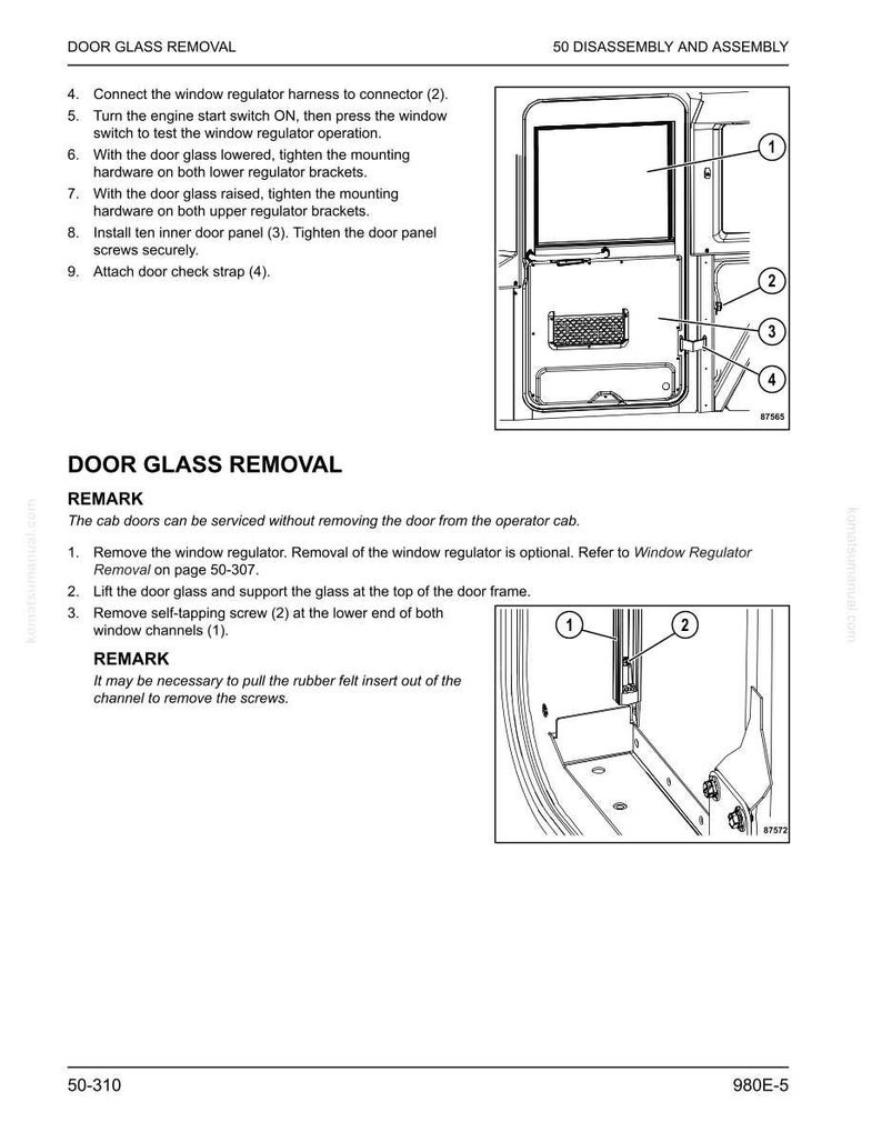 May include: Technical diagram illustrating door glass removal, with numbered components and instructions. Text details steps like connecting harnesses, tightening hardware, and removing screws. A detailed illustration.