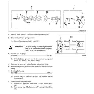 May include: Diagram of a recoil spring assembly with labeled parts and instructions for disassembly. Includes a spring, piston, and various fasteners. Text includes warnings and measurements in millimeters.