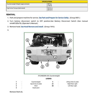 May include: Diagram of a counterweight removal and installation procedure. The image includes a detailed view of the counterweight, with labeled components such as cap screws, hitch, and lights. Text provides instructions and specifications.