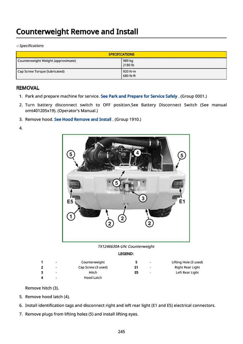 May include: Diagram of a counterweight removal and installation procedure. The image includes a detailed view of the counterweight, with labeled components such as cap screws, hitch, and lights. Text provides instructions and specifications.