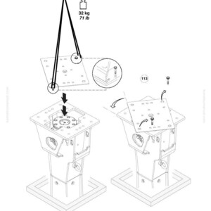 May include: Technical diagram illustrating the assembly of a mechanical component. The image includes a weight limit of 32 kg and a warning symbol. The diagram shows the component in multiple stages of assembly.