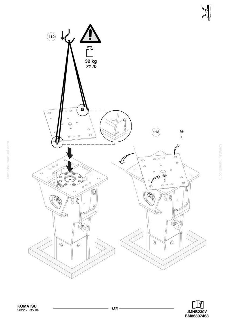 May include: Technical diagram illustrating the assembly of a mechanical component. The image includes a weight limit of 32 kg and a warning symbol. The diagram shows the component in multiple stages of assembly.