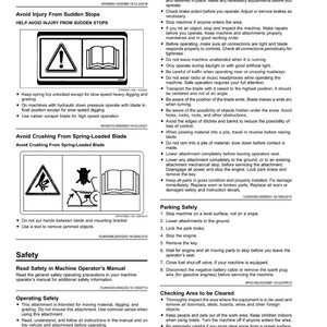 Puede incluir: Una p&aacute;gina de manual de seguridad con advertencias e instrucciones. Incluye diagramas con signos de exclamaci&oacute;n y un libro abierto. El texto detalla c&oacute;mo evitar lesiones, aplastamientos y procedimientos operativos seguros para la maquinaria. Incluye instrucciones de estacionamiento y limpieza.