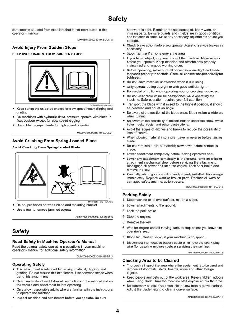 Puede incluir: Una p&aacute;gina de manual de seguridad con advertencias e instrucciones. Incluye diagramas con signos de exclamaci&oacute;n y un libro abierto. El texto detalla c&oacute;mo evitar lesiones, aplastamientos y procedimientos operativos seguros para la maquinaria. Incluye instrucciones de estacionamiento y limpieza.