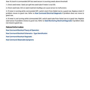 May include: A technical document with the title "PM1 522336.02 - Seed Detected On Row 16 While Deactivated." The document provides troubleshooting steps for a seed meter, including checking the meter, seed tube, and clutch. It also lists related information.