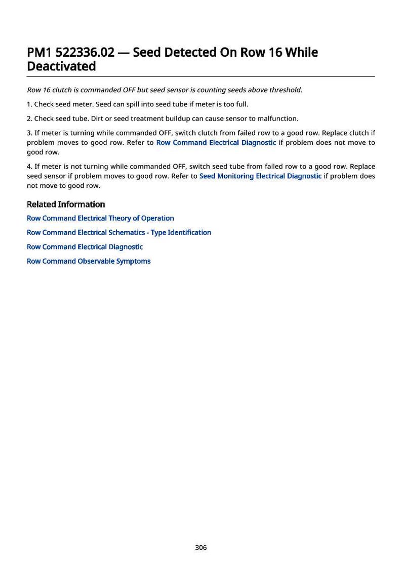 May include: A technical document with the title "PM1 522336.02 - Seed Detected On Row 16 While Deactivated." The document provides troubleshooting steps for a seed meter, including checking the meter, seed tube, and clutch. It also lists related information.