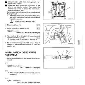 Op de afbeelding: Diagram uit een handleiding met details over de demontage en montage van een PC-klep. De afbeelding bevat illustraties van de kleponderdelen, samen met stapsgewijze instructies en metingen in Newtonmeters en kilogram.