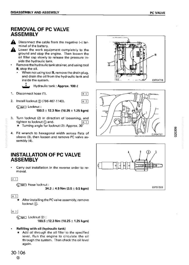 Op de afbeelding: Diagram uit een handleiding met details over de demontage en montage van een PC-klep. De afbeelding bevat illustraties van de kleponderdelen, samen met stapsgewijze instructies en metingen in Newtonmeters en kilogram.