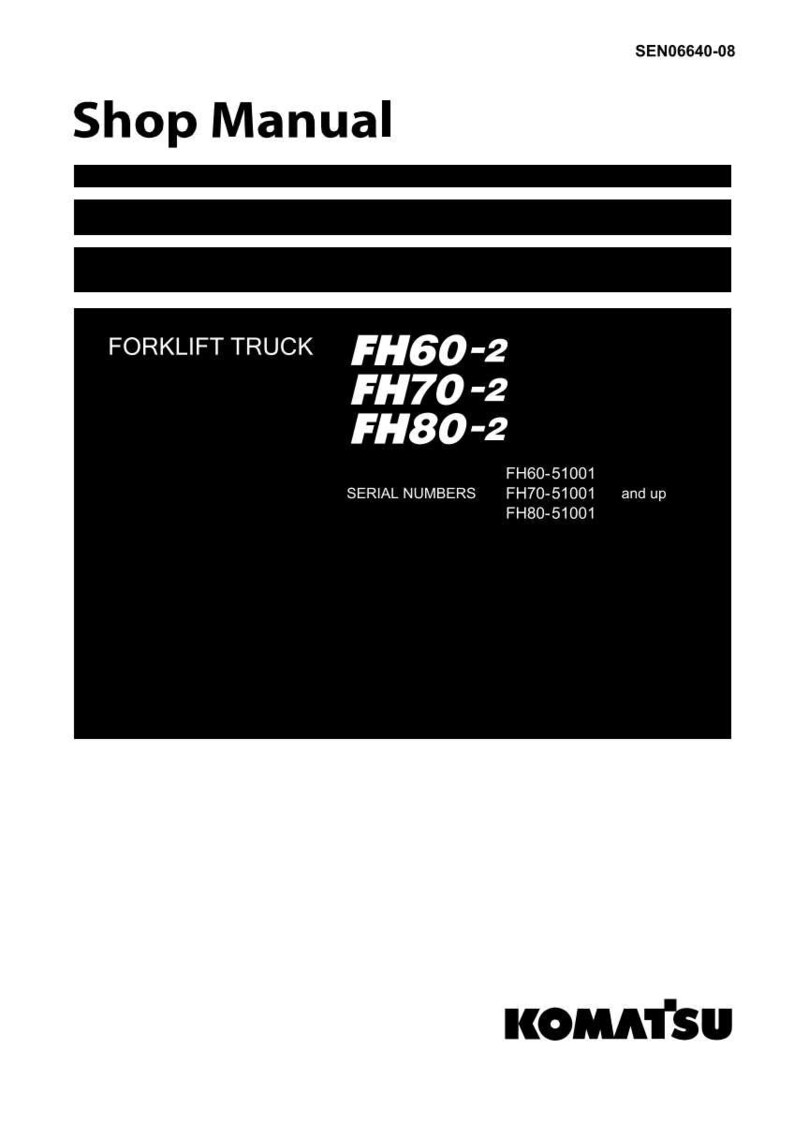 May include: A black and white shop manual cover. The title "Shop Manual" is at the top. Below, the text "FORKLIFT TRUCK" is followed by model numbers FH60-2, FH70-2, and FH80-2. The Komatsu logo is at the bottom.