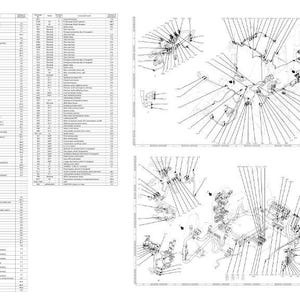 May include: Detailed technical diagrams and a parts list. The diagrams are black and white line drawings of mechanical components, with connecting lines and labels. The parts list is a table with multiple columns and rows of text.